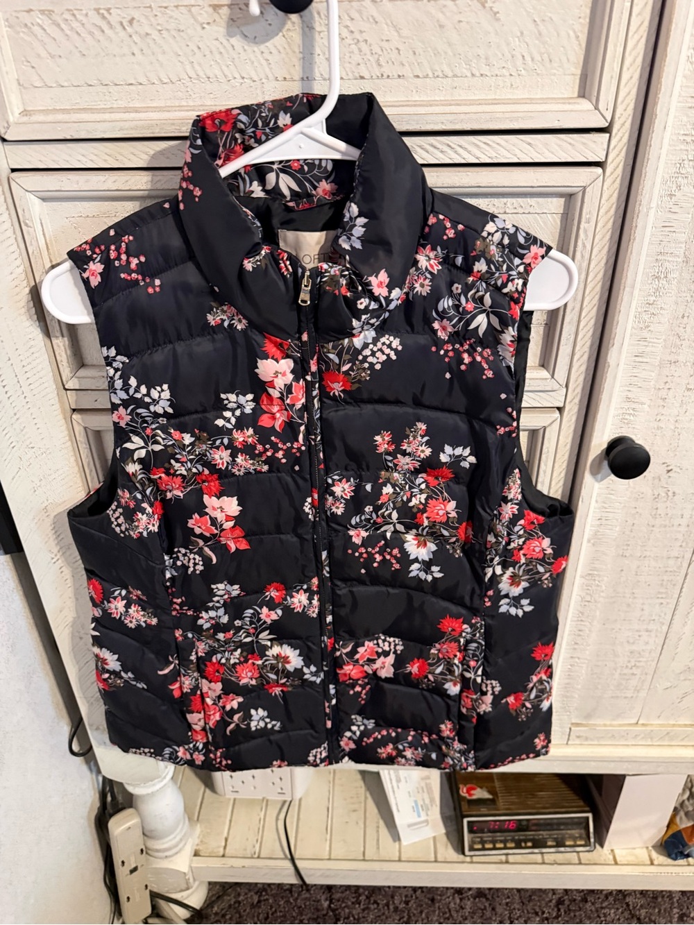 LOFT Black Quilted Floral Puffer Vest with Red & Pink Flowers